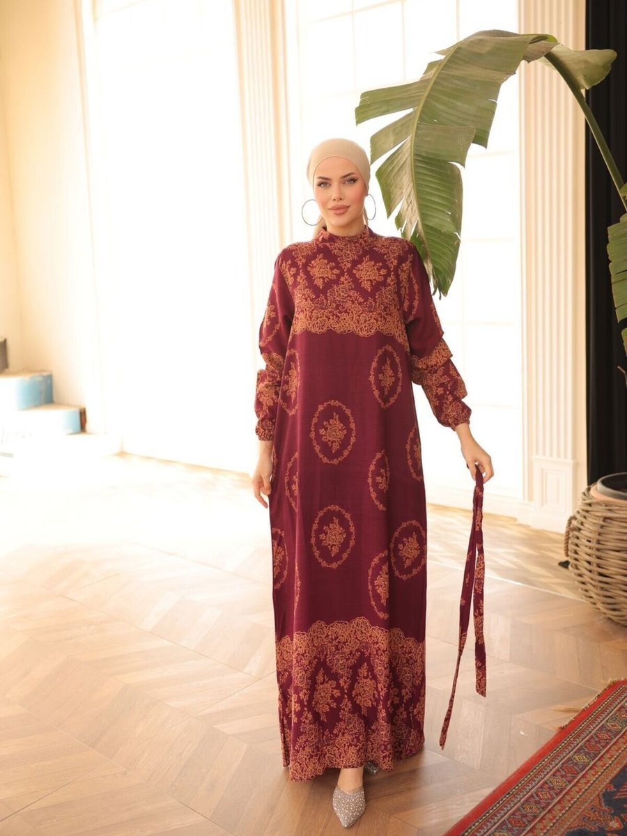 Nissra Bordo Ankanoor Barok Desenli Viskon Elbise