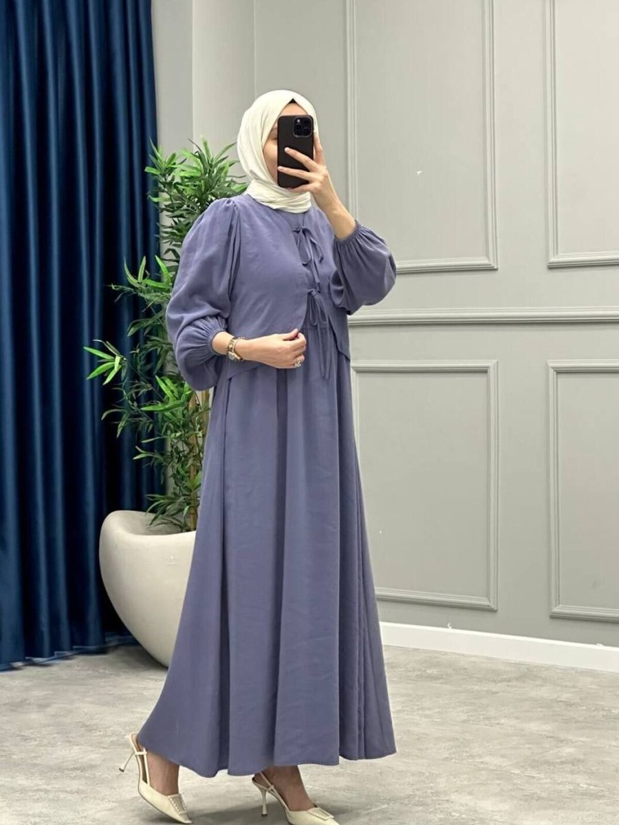 OlaLady Gri Önden Kurdale Bağlamalı İnce Modal Kumaş Elbise