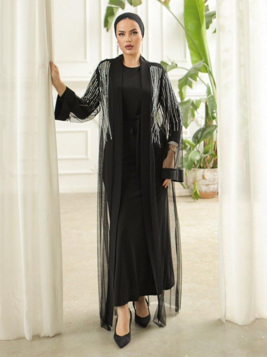 HİJABAYA Siyah Taş Detaylı Kuşaklı İkili Abaya Takım