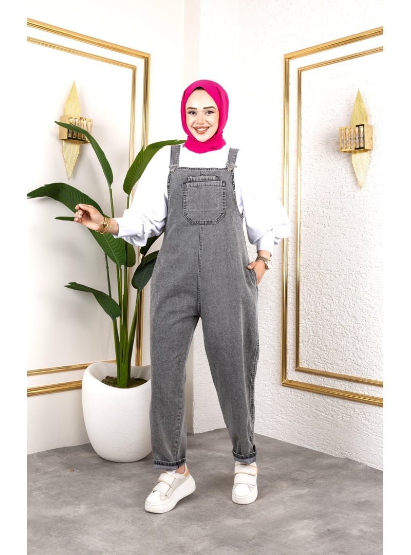Harmatime butik Cepli Askılı Gri Kot Tulum