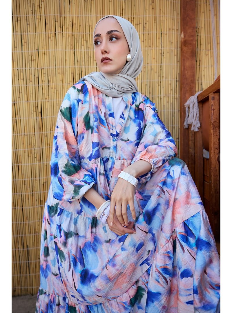 Locco Moda Saks Mavi Renkli Desen Elbise