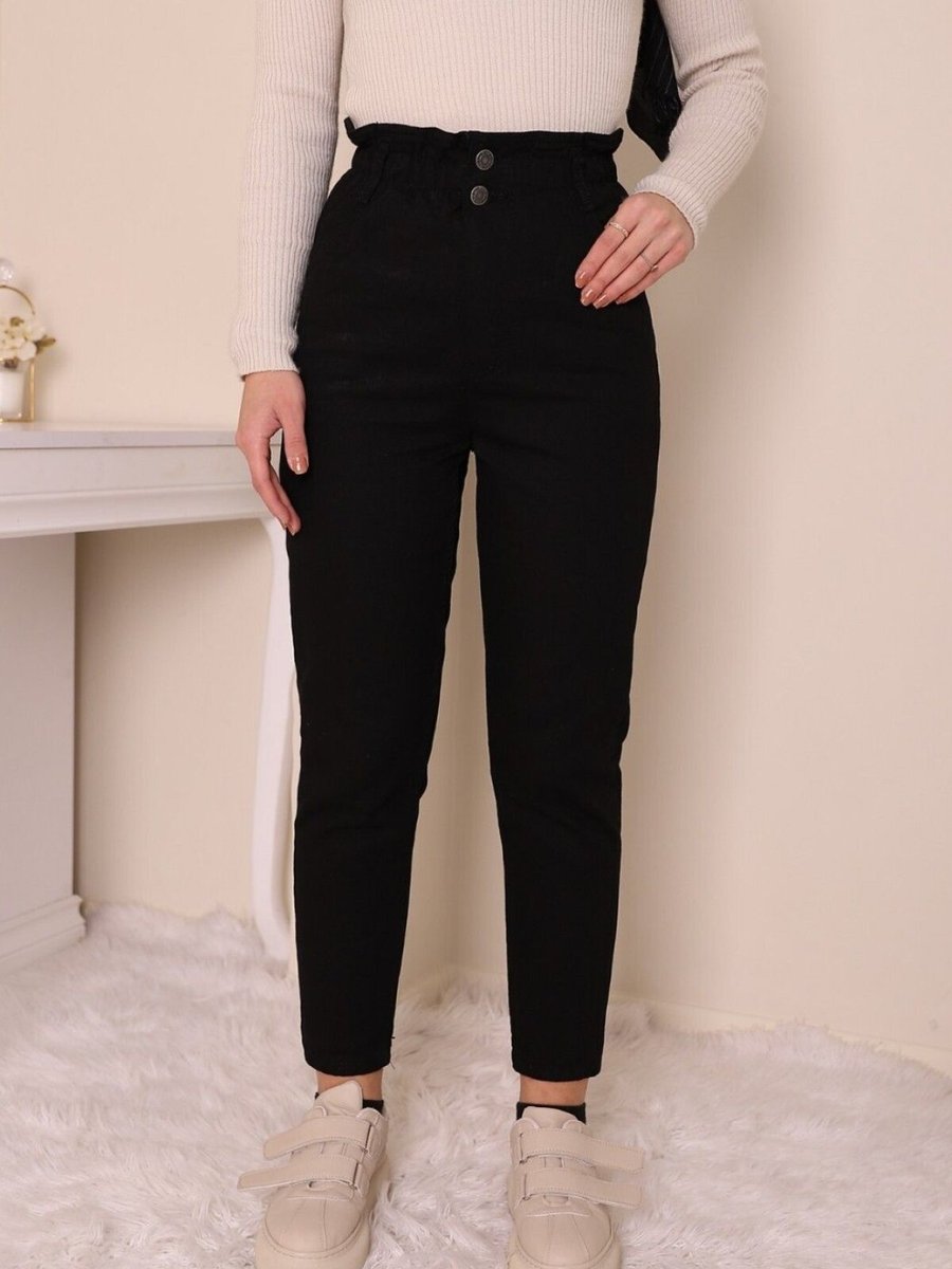 HİJABAYA Siyah Beli Lastikli Yüksek Bel Kot Pantolon