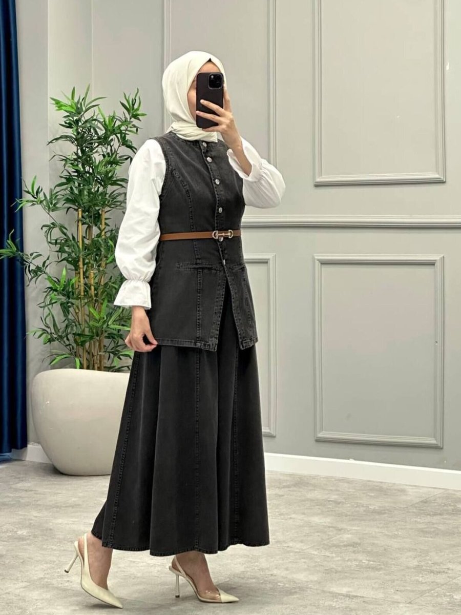 OlaLady Siyah Uzun Yelekli Pantolonlu Denim İkili Takım