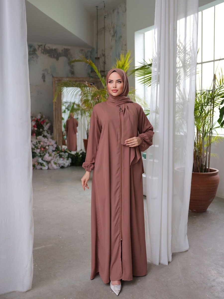 Nissra Kahverengi Ankanoor Koyu Camel Medine İpeği Şallı Elbise