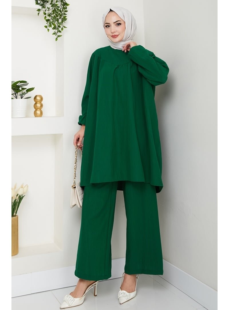 Bestenur Zümrüt Yeşili Müslin Tunik Pantolon İkili Takım