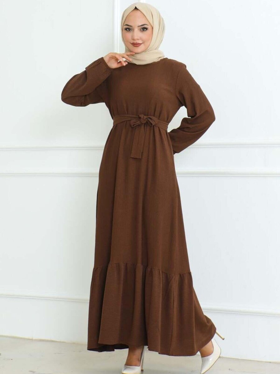 Mec Fashion Kahverengi Eteği Fırfırlı Elbise