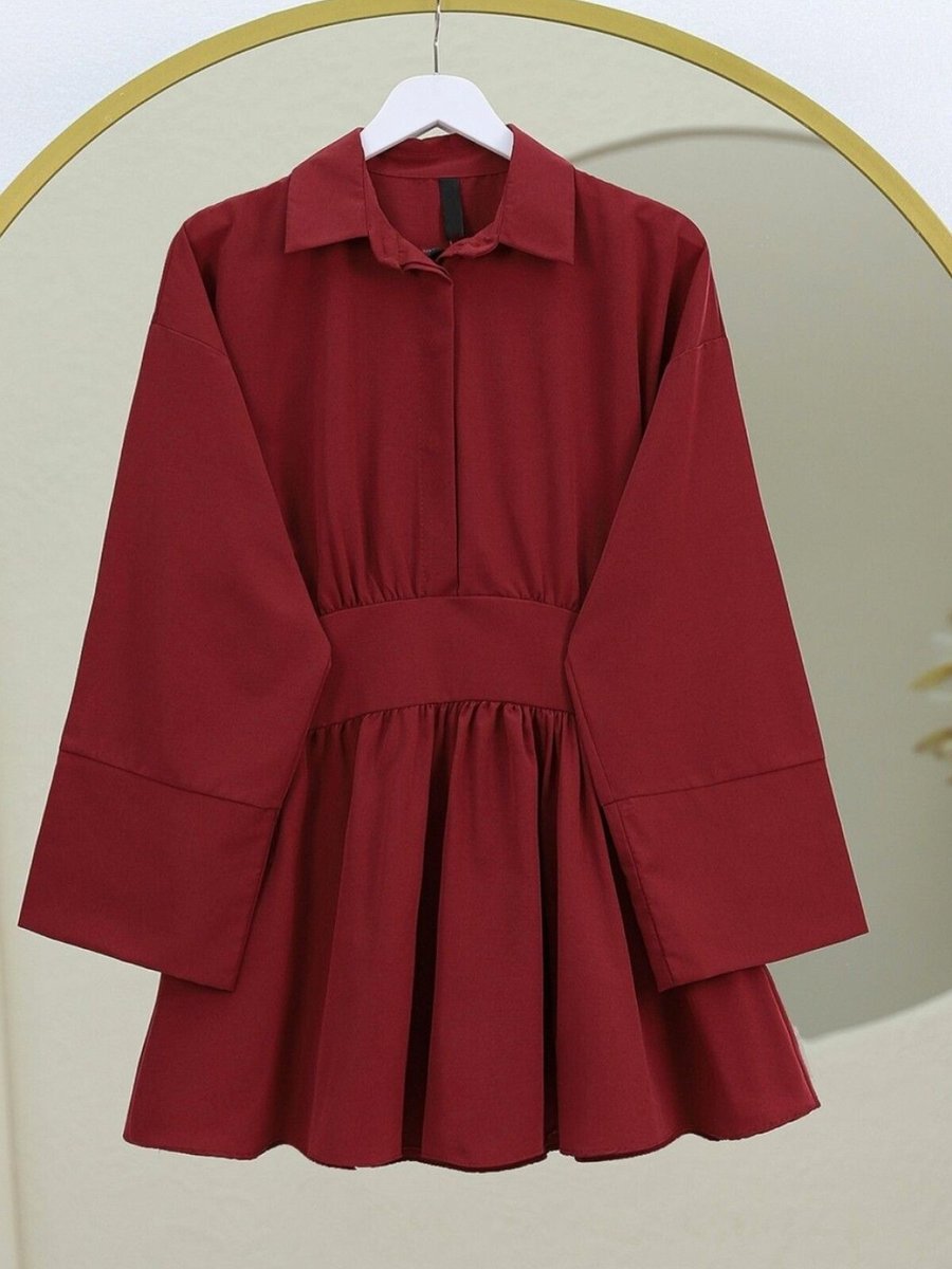 HİJABAYA Bordo Yarım Düğmeli Beli Bağlamalı Yanı Fermuarlı Tunik