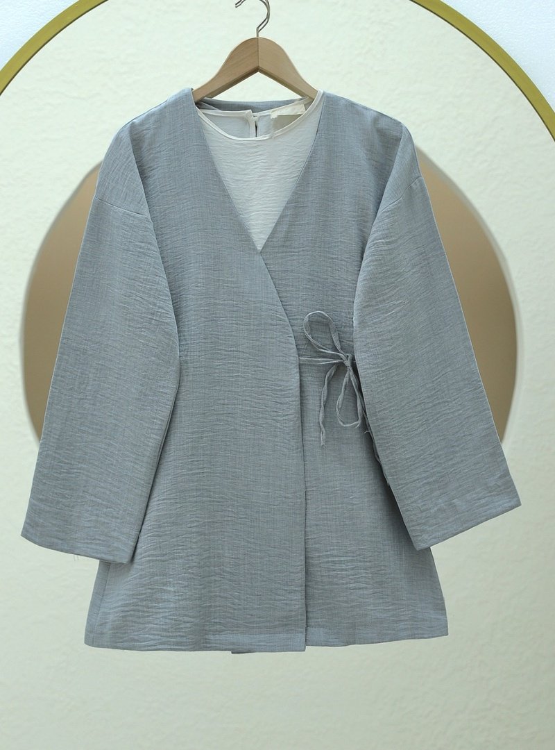 Podyumplus Gri Yandan Bağlamalı Keten Kimono