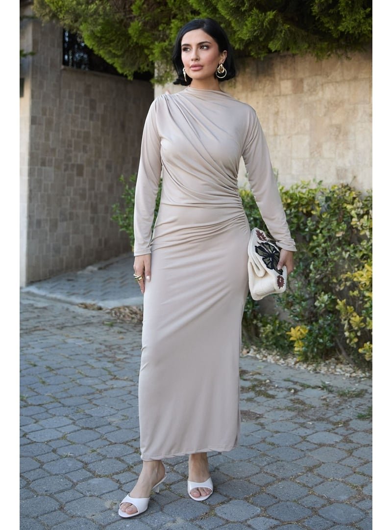 InStyle Büzgülü Sandy Bej Elbise