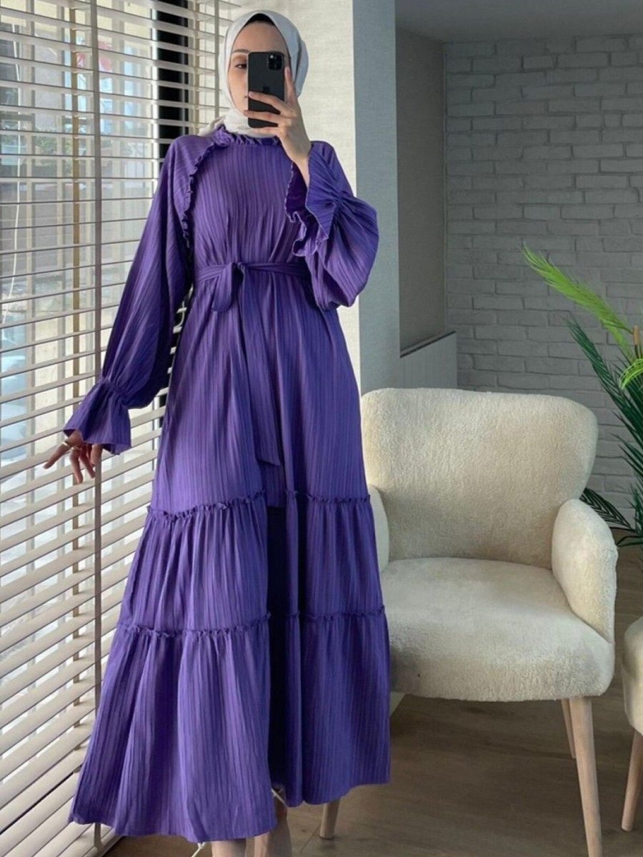 HİJABAYA Lila Yakası Fırfırlı Kolu Lastikli Kemerli Elbise