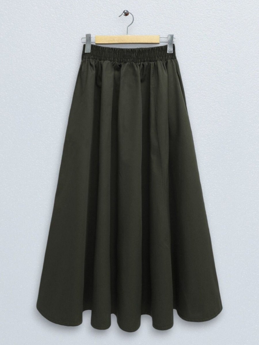 HİJABAYA Haki Beli Lastikli Çift Cepli Poplin Kloş Etek
