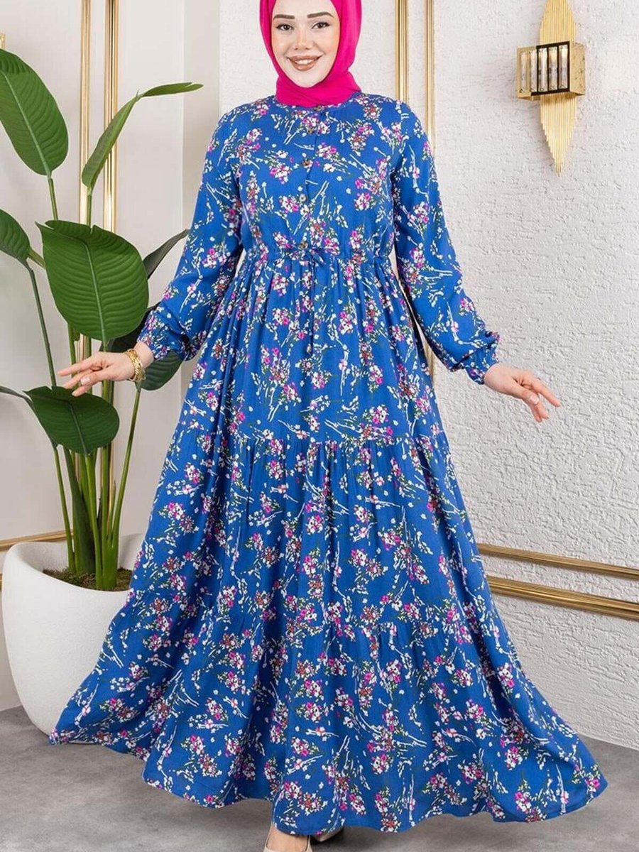 Mec Fashion İndigo Asel Çiçekli Viskon Elbise