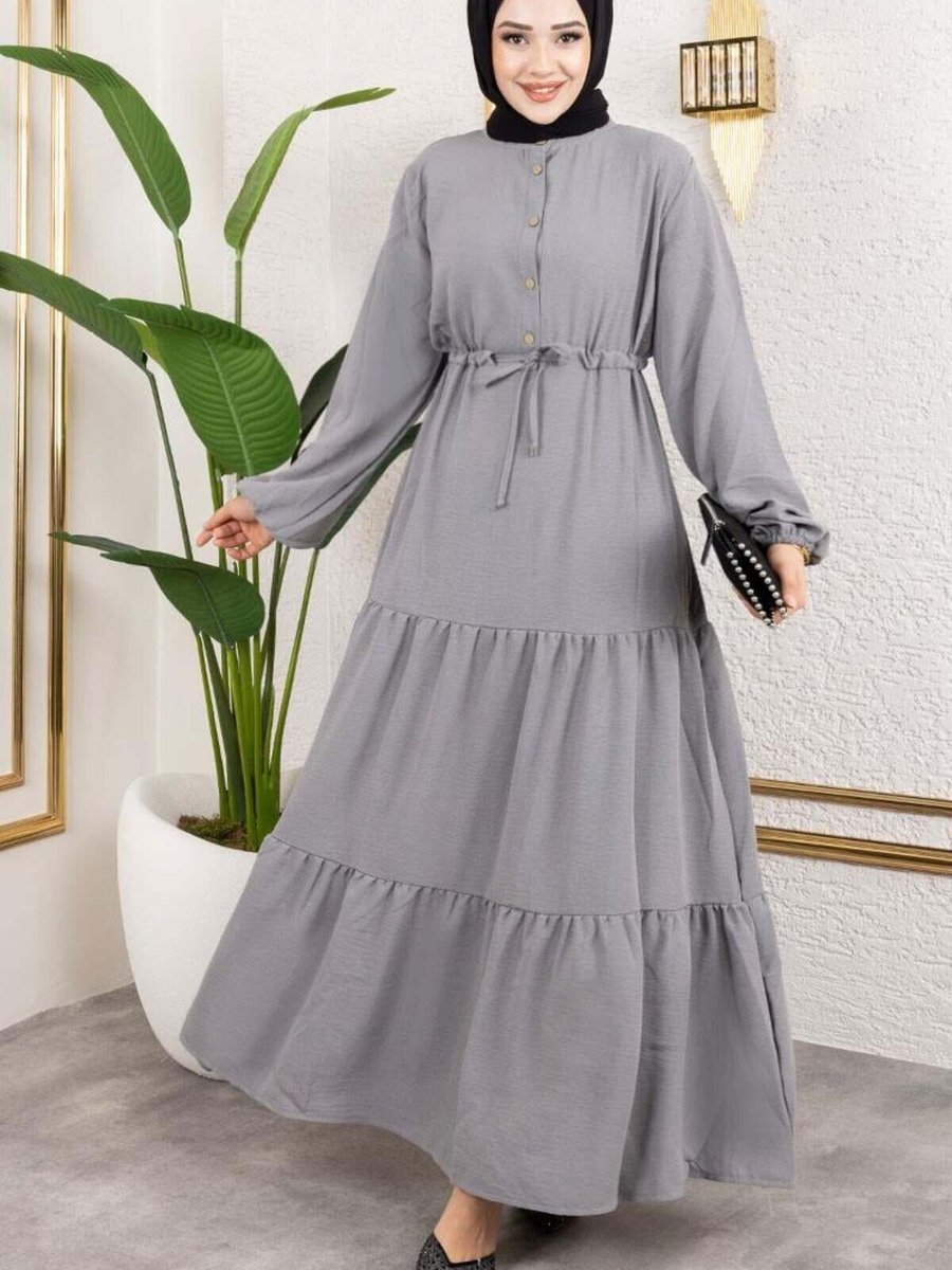 Mec Fashion Gri Afra Bağcık Detaylı Elbise
