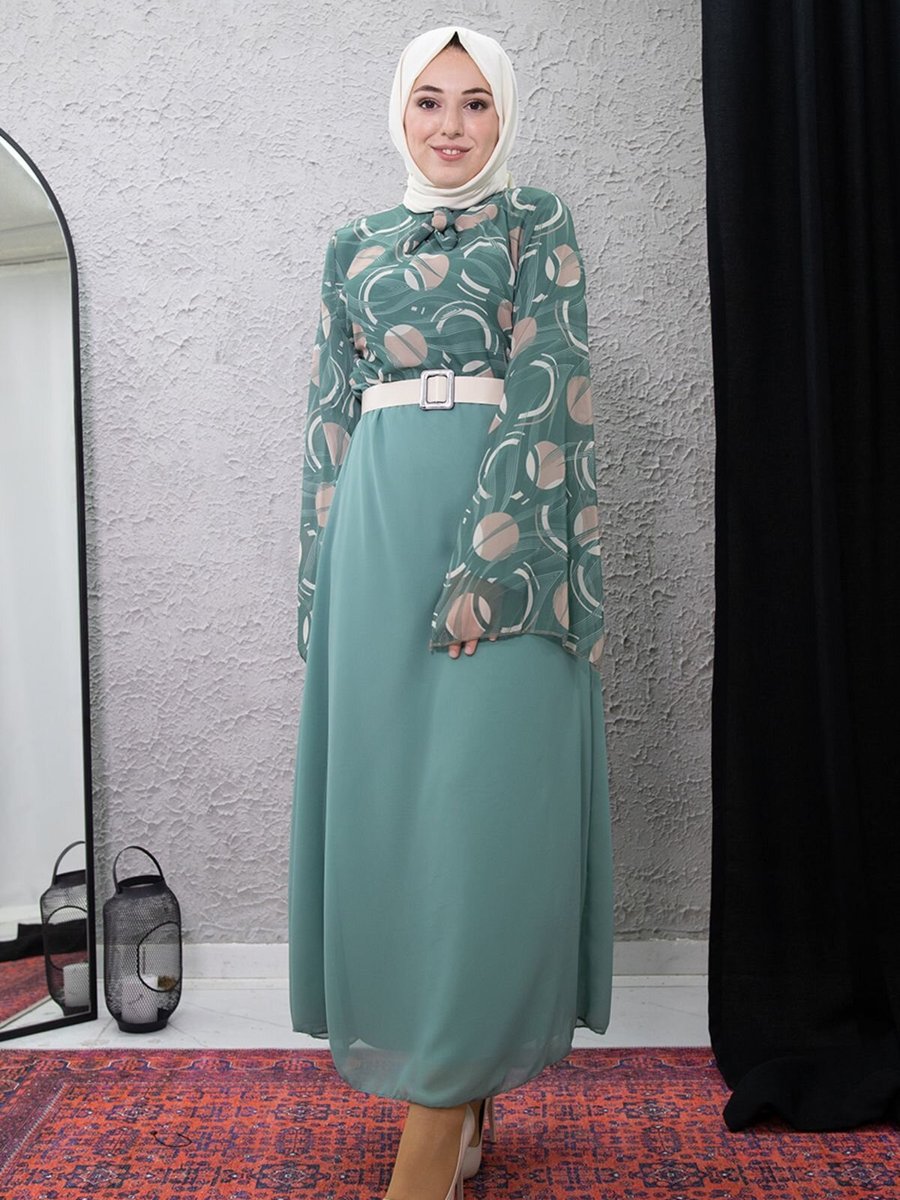 Mec Fashion Yeşil Desenli Elbise