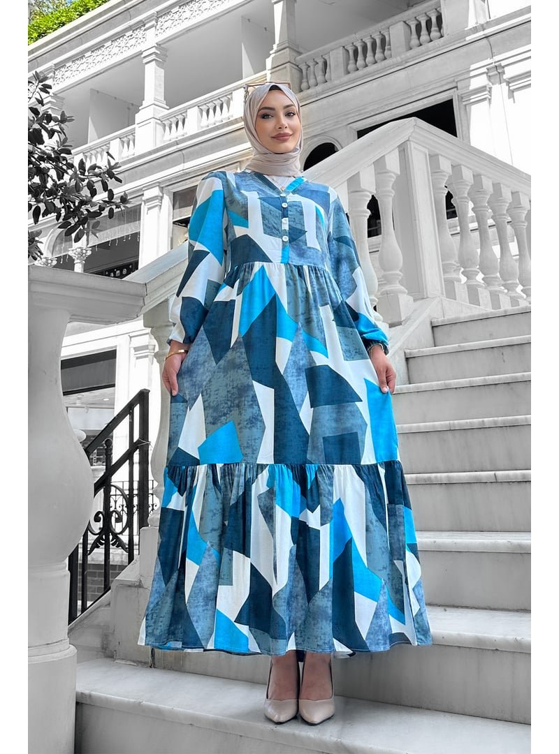 Liz Butik Mavi Alya Desenli Viskon Elbise