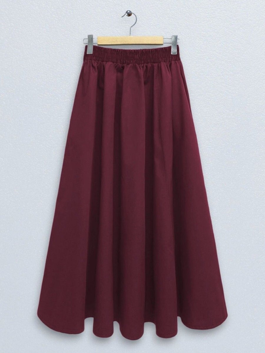 HİJABAYA Bordo Beli Lastikli Çift Cepli Poplin Kloş Etek