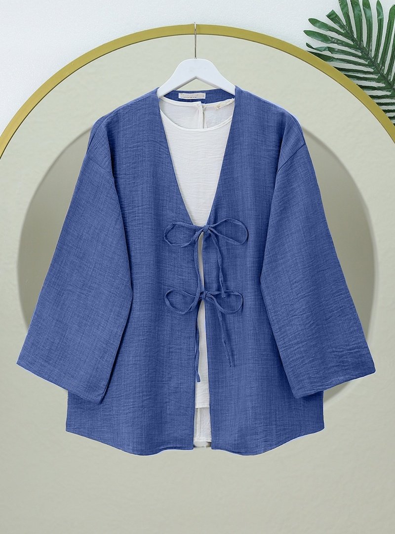 Podyumplus İndigo Önü Bağcıklı Keten Kimono