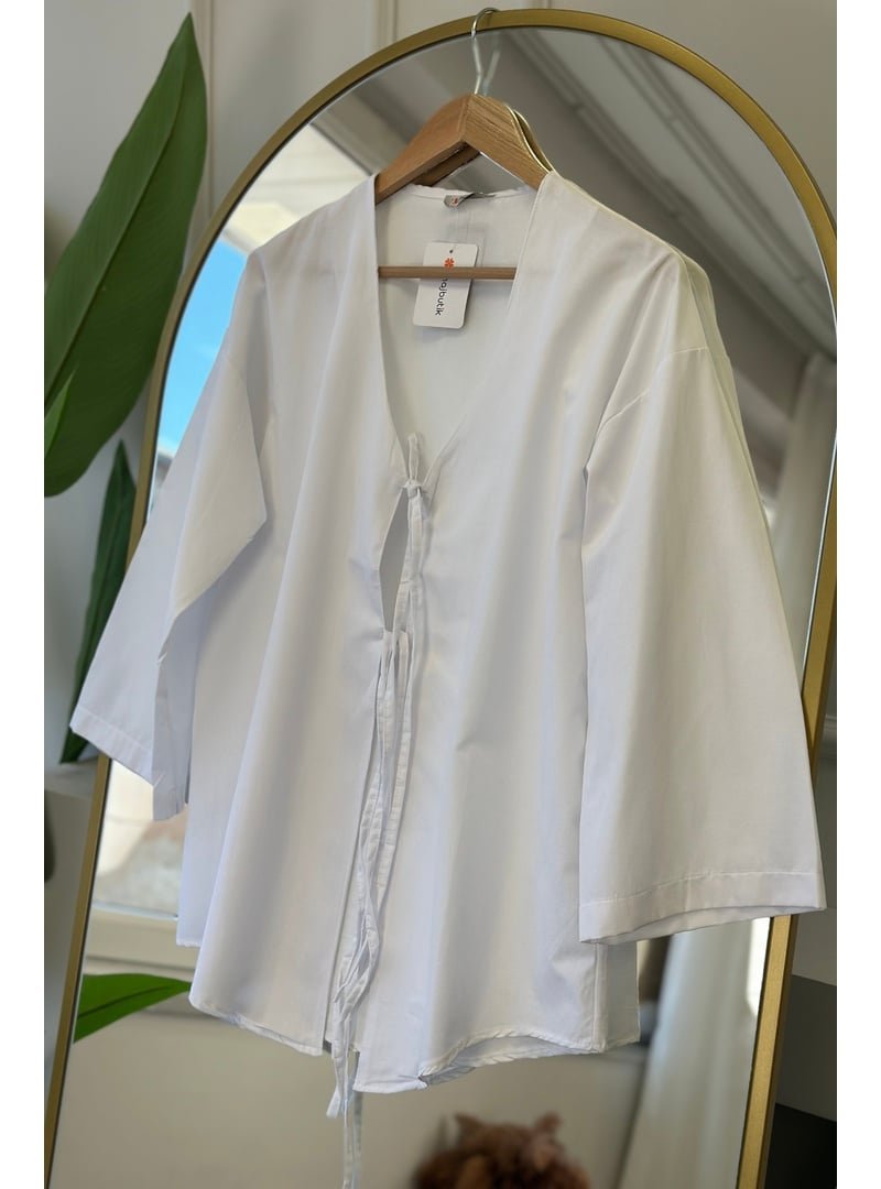 İmaj Butik Beyaz Ön Bağlamalı Kimono Tunik