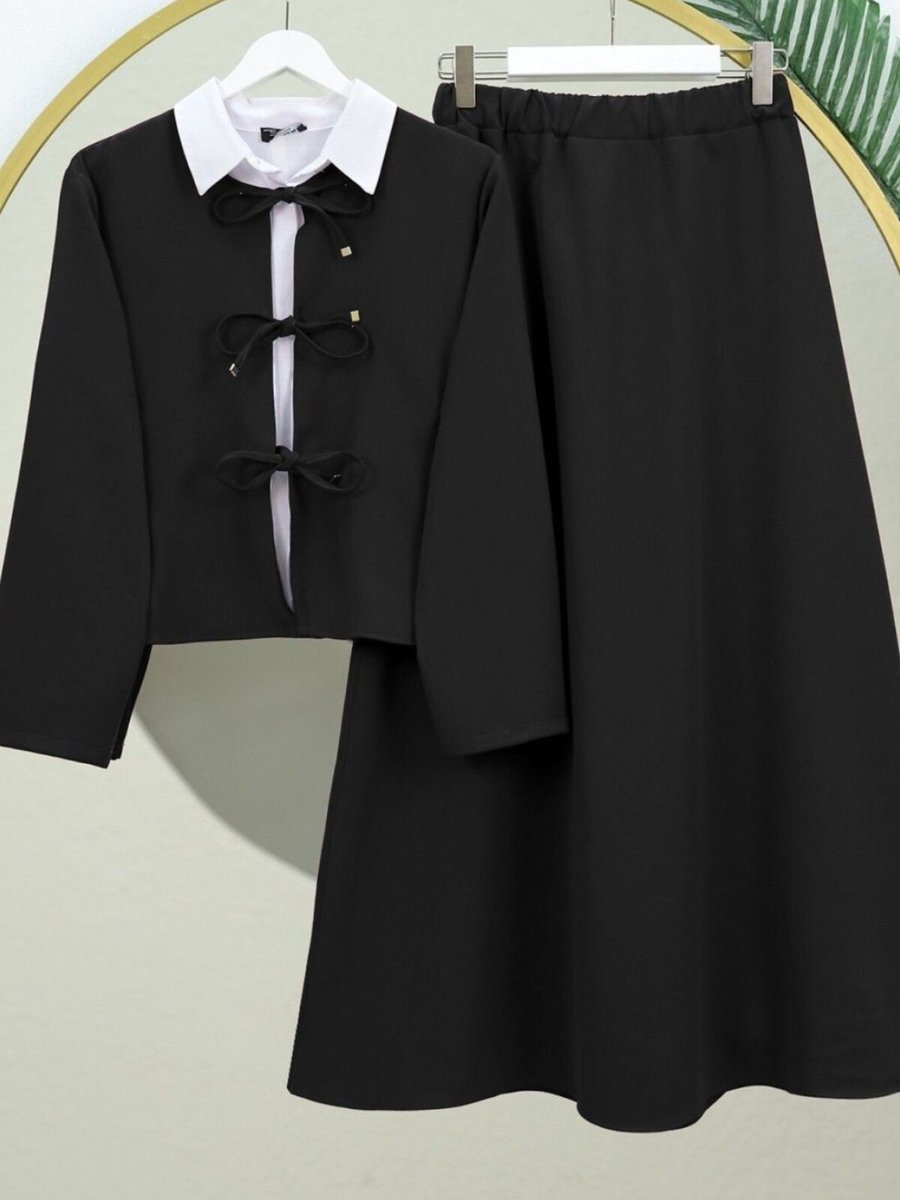 HİJABAYA Siyah Önü Bağcıklı Beli Lastikli Çan Etekli Takım
