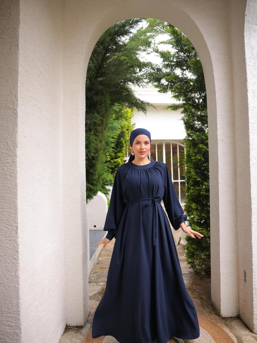 Nissra Lacivert Ankanoor Reglan Kollu Büzgü Yaka Elbise