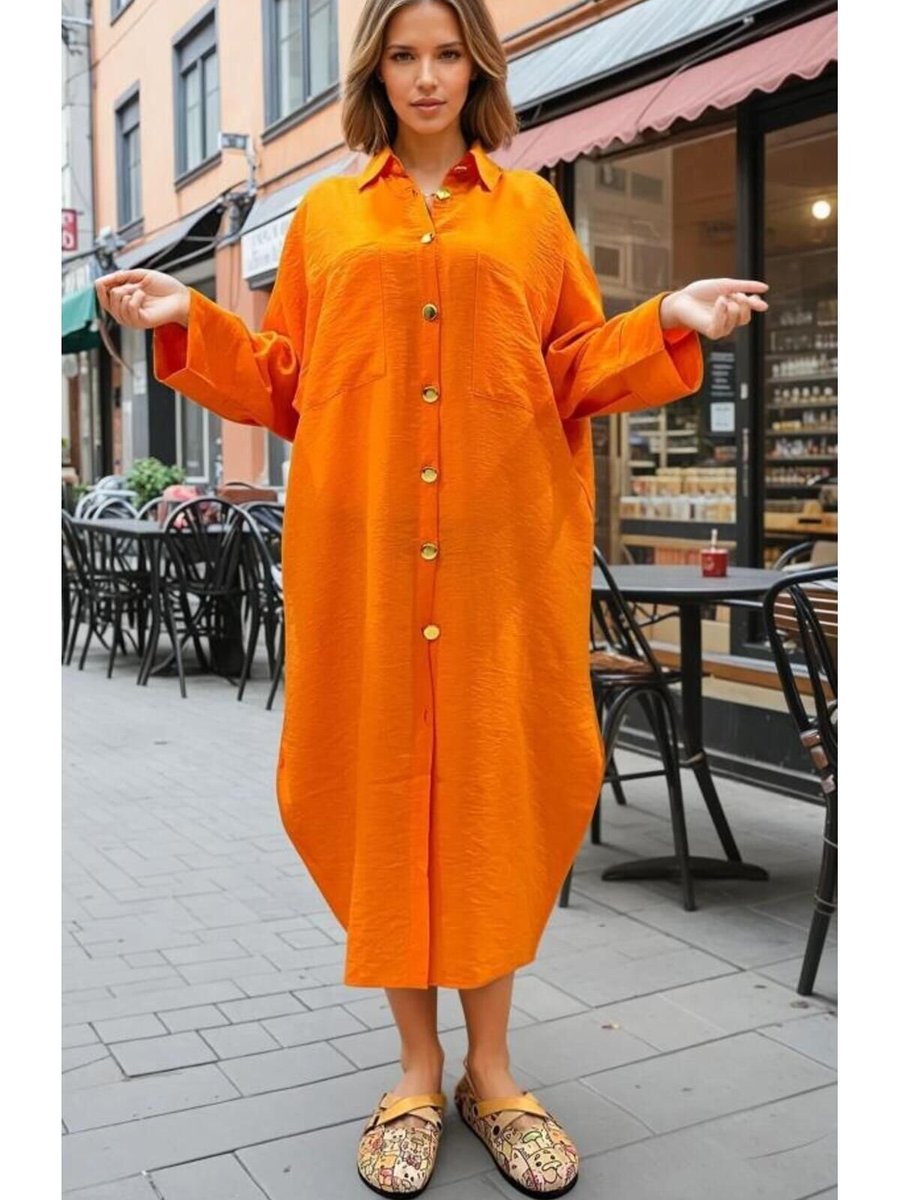 Pasaklı Giyim Oversize Turuncu Keten Karışımlı Gömlek Tunik