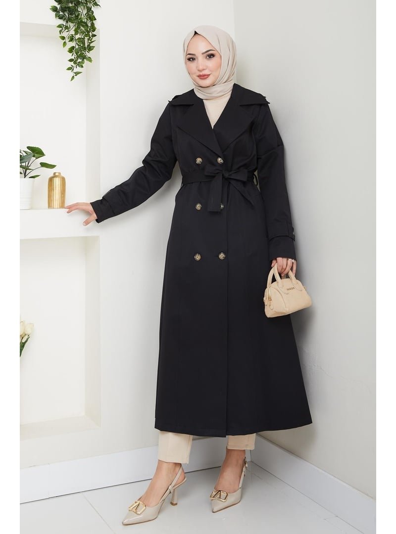 Harmatime butik Düğmeli Kuşaklı Siyah Trençkot