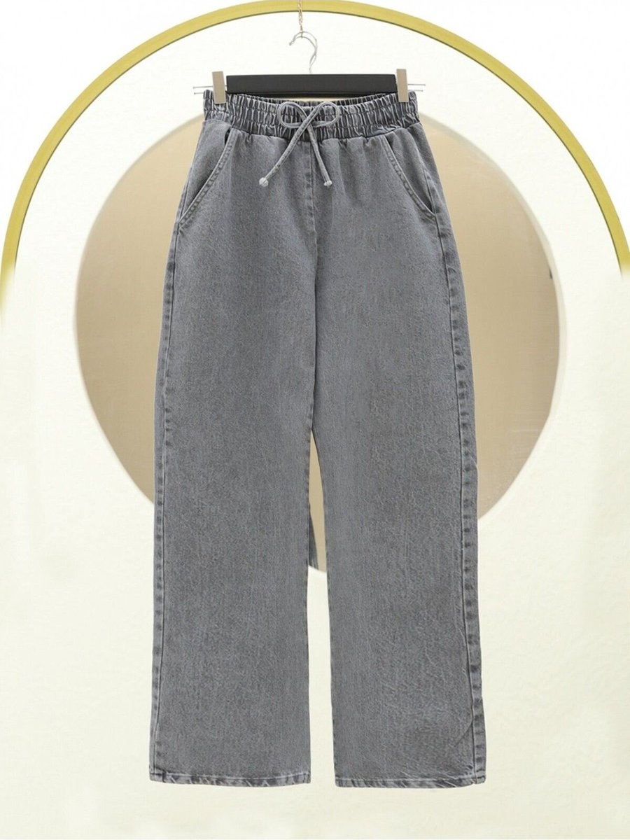 HİJABAYA Füme Beli Lastikli Cepli Bol Paça Kot Pantolon