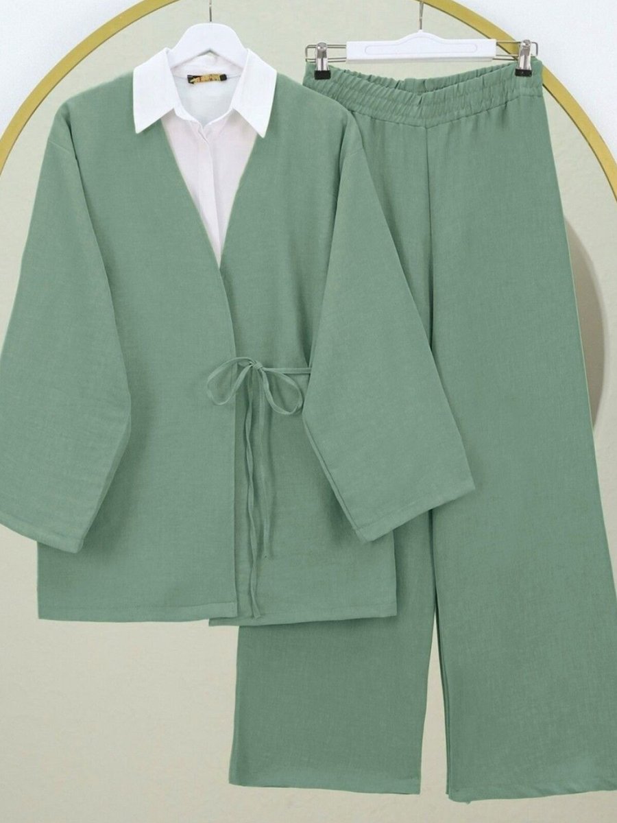 HİJABAYA Mint Önden Bağlamalı Pantolonlu Kimono İkili Takım