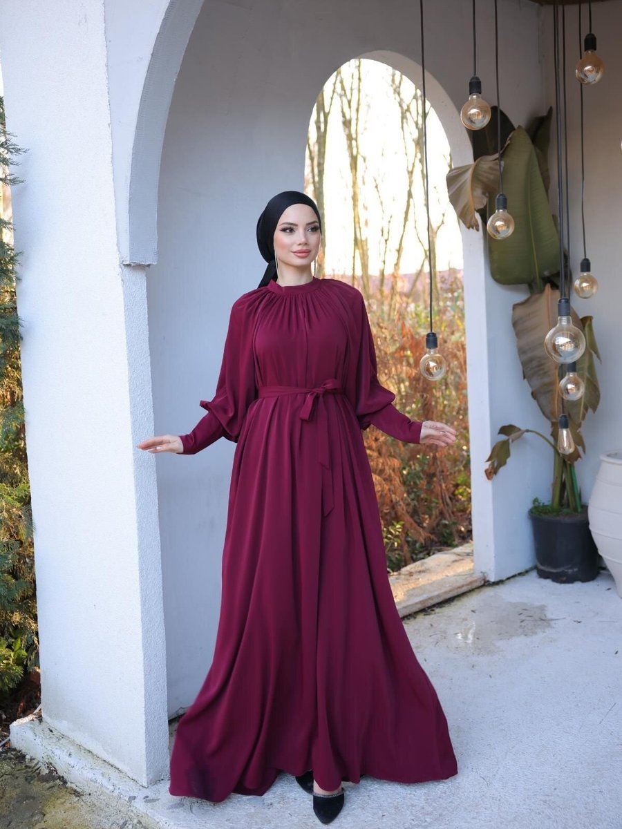 Nissra Bordo Ankanoor Reglan Kol Büzgülü Elbise