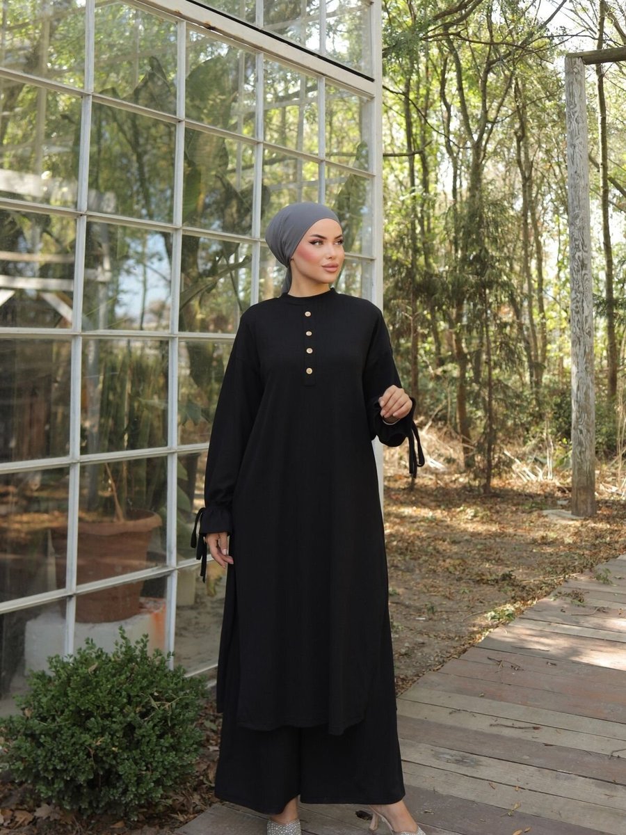Nissra Siyah Ankanoor Düğme Detaylı Örme Pantolon Takım