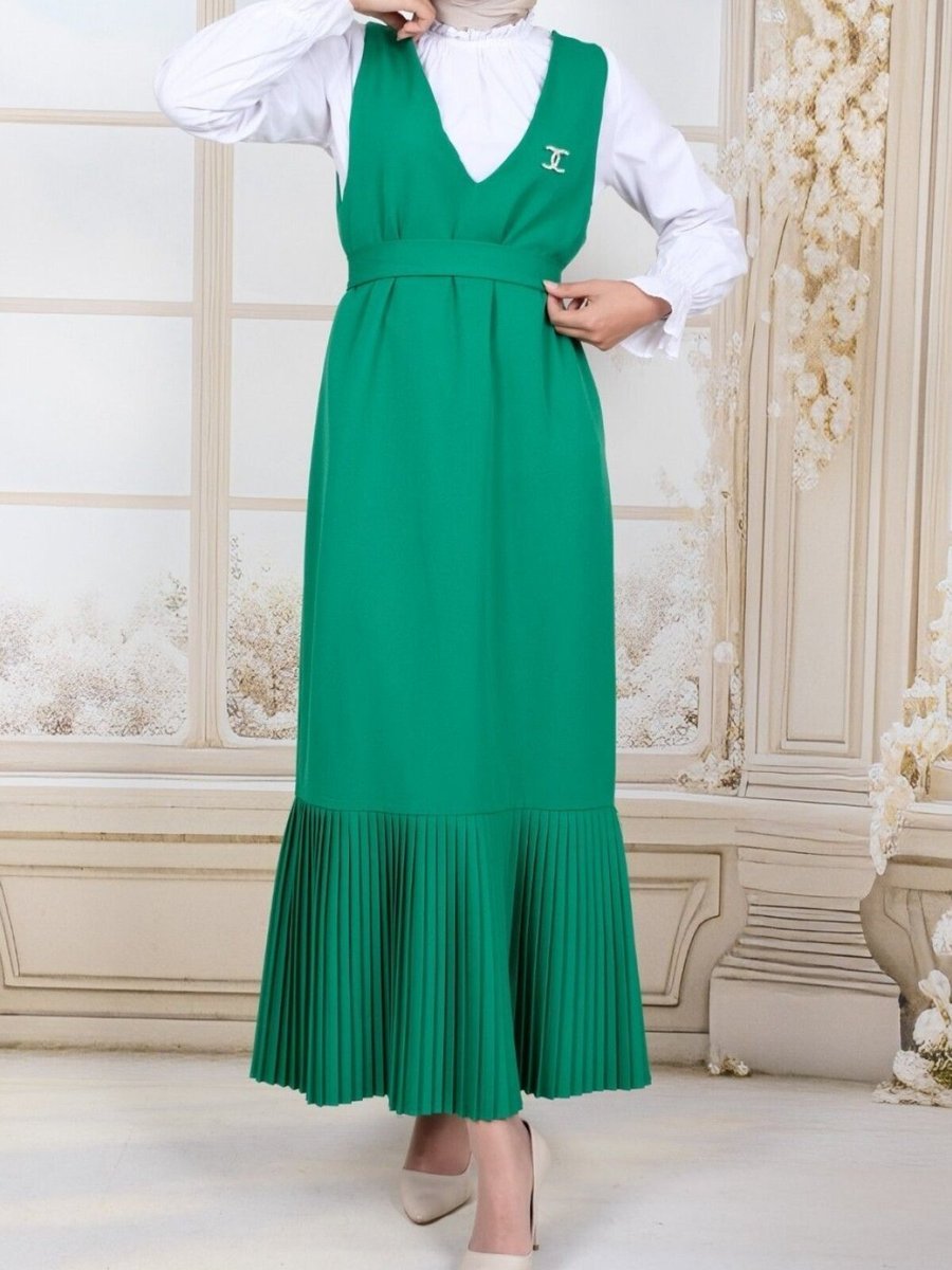 HİJABAYA Orman Yeşili Eteği Piliseli Kuşaklı Jile