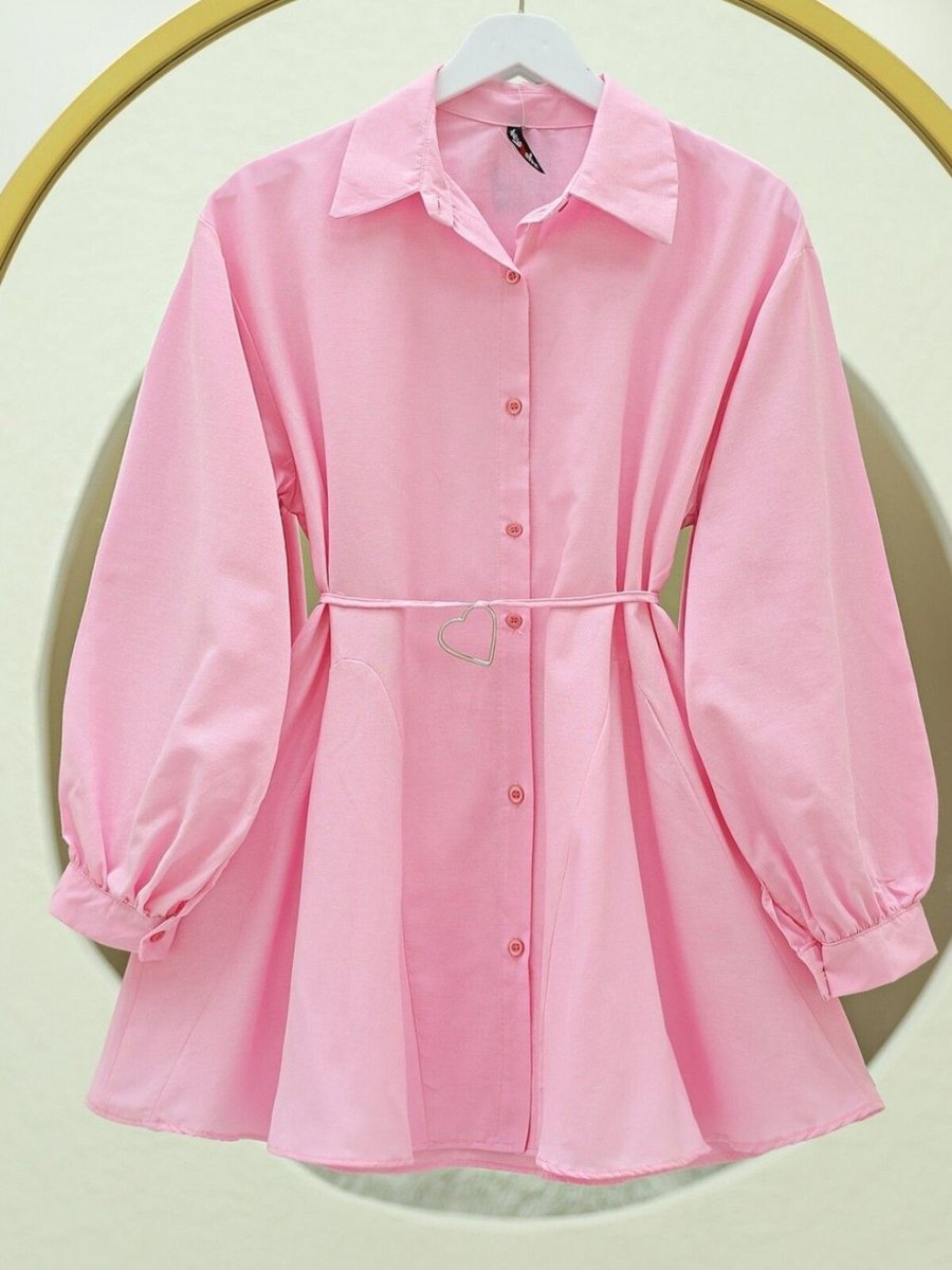 HİJABAYA Pembe Parça Kumaşlı Düğmeli Poplin Tunik