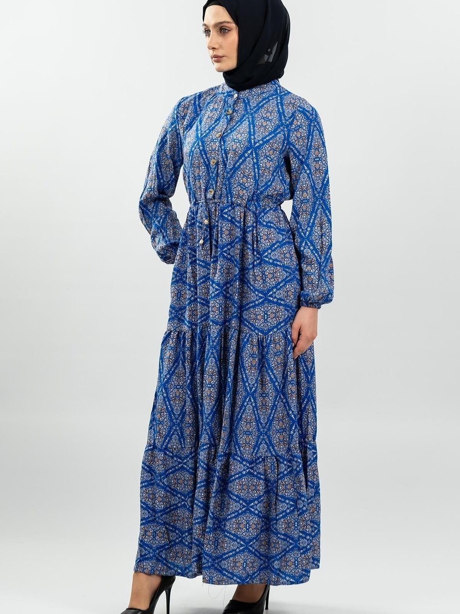 Mec Fashion Mavi Bağcıklı Desenli Viskon Elbise