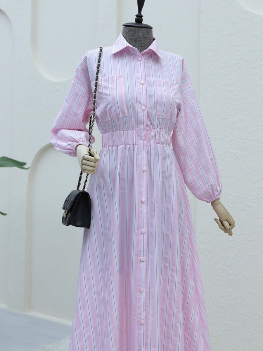 HİJABAYA Pembe Önden Düğmeli Beli Lastikli Çizgili Elbise