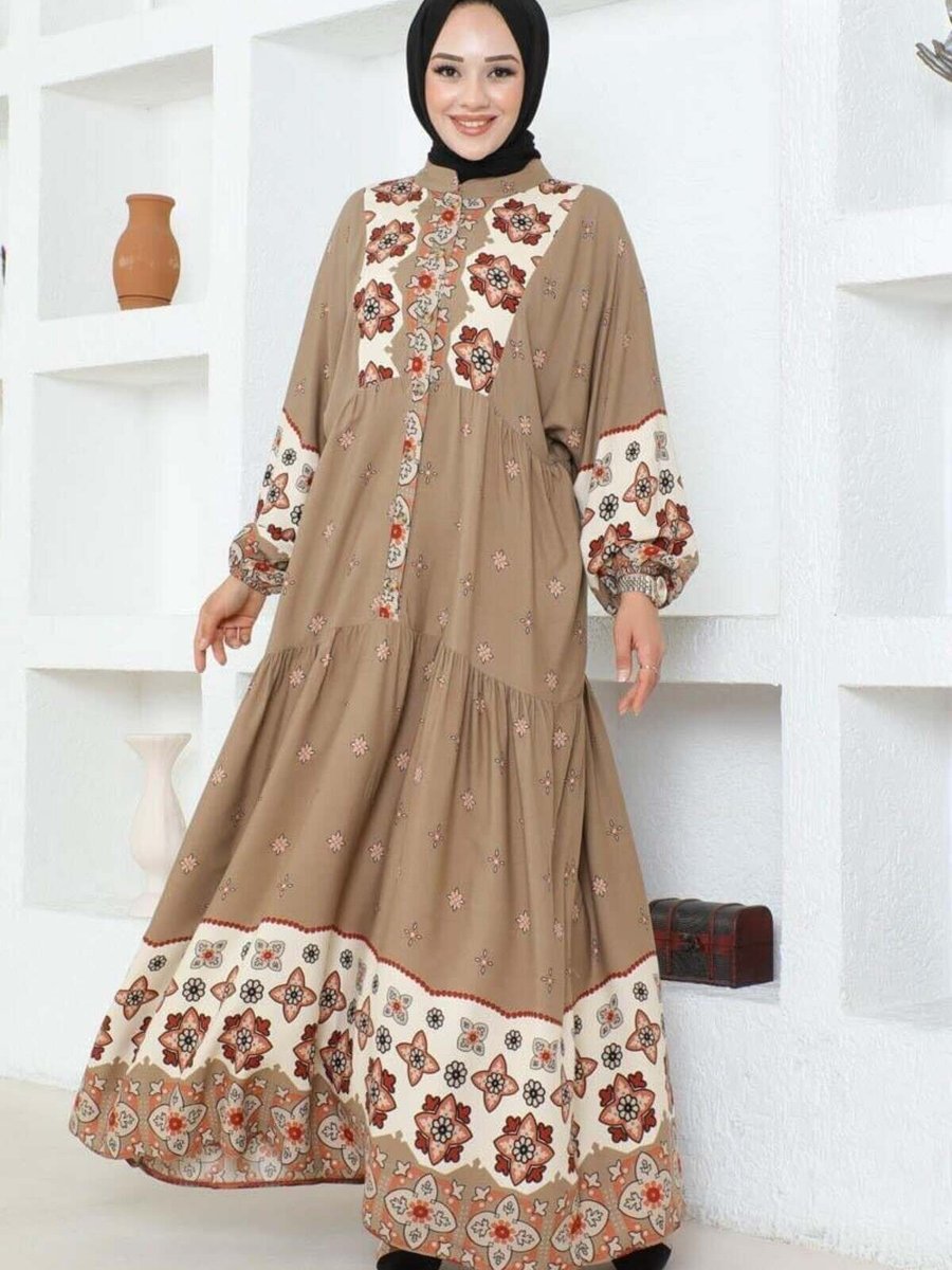 Mec Fashion Kiremit Otantik Desenli Viskon Elbise