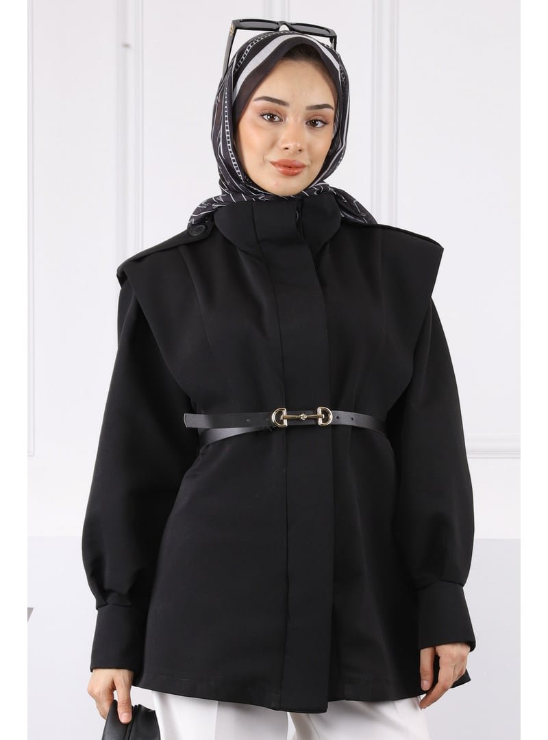 İmaj Butik Siyah Omuz Apoletli Kemerli Trençkot