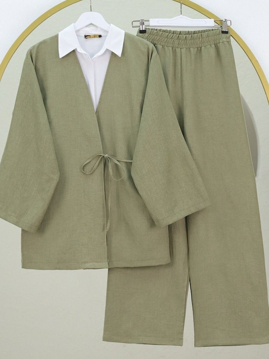 HİJABAYA Haki Önden Bağlamalı Pantolonlu Kimono İkili Takım