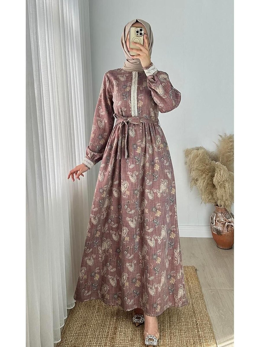 Nissra Pembe Dantel Detaylı Şal Desen Keten Elbise