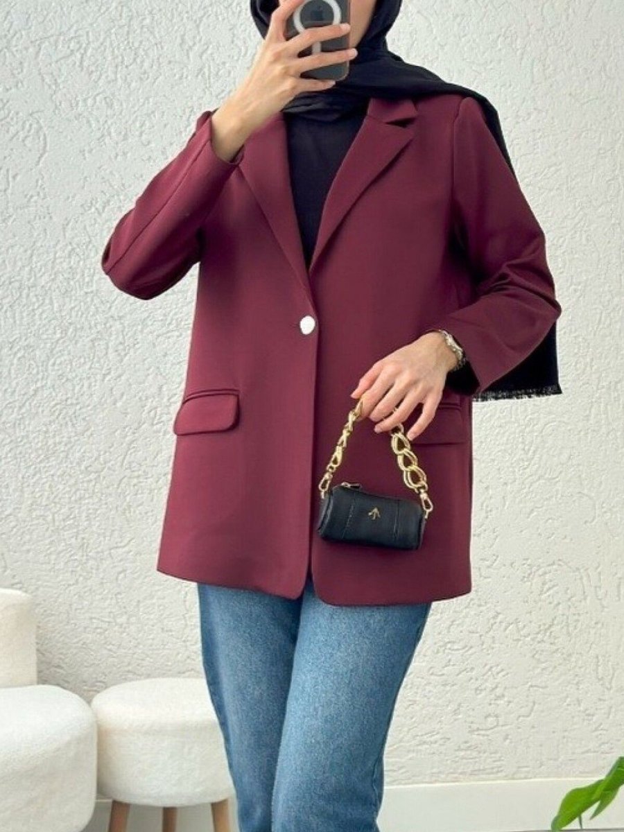 HİJABAYA Bordo Cepli Tek Düğmeli Likralı Ceket