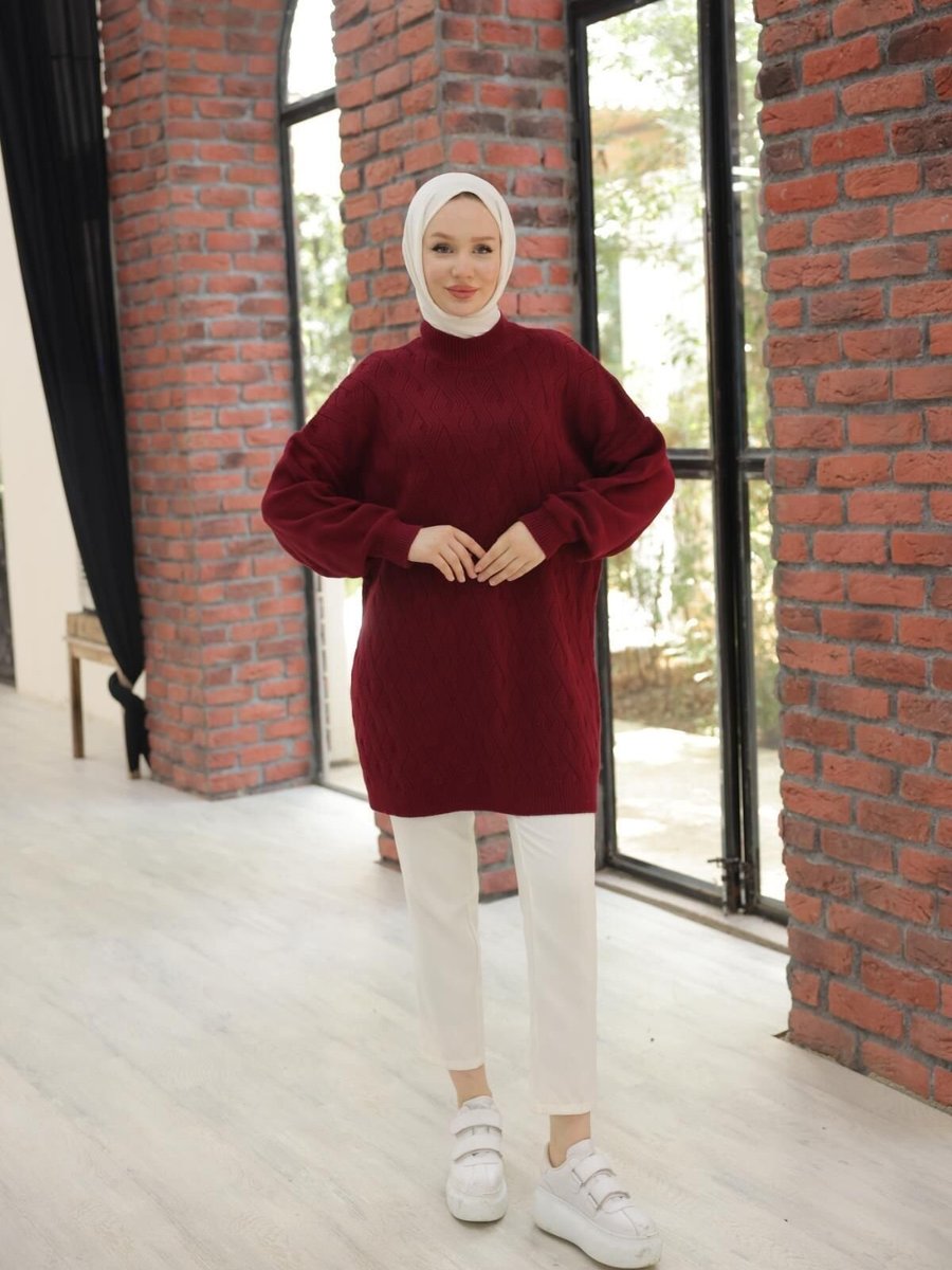 Nissra Bordo Ankanoor Düşük Omuz Desenli Triko Tunik