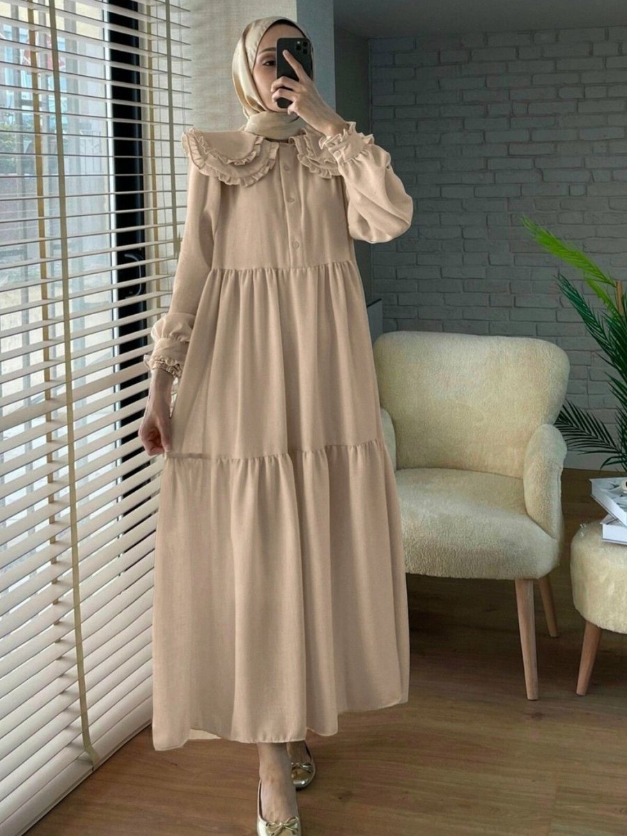 HİJABAYA Vizon Bebe Yaka Fırfırlı Parçalı İthal Keten Elbise