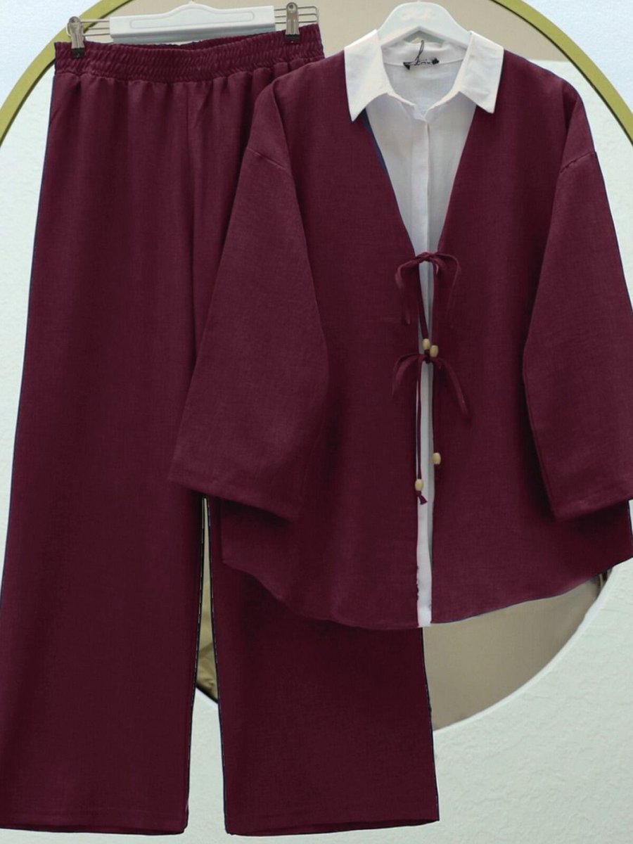 HİJABAYA Bordo Önü Çift Bağlamalı Pantolonlu Kimono İkili Takım