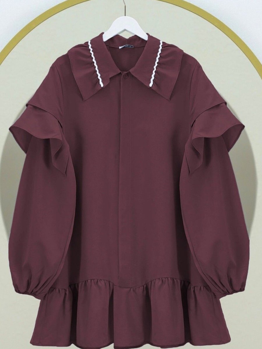 HİJABAYA Bordo Yakası Süzene Nakış Detaylı Kolu Lastikli Poplin Tunik