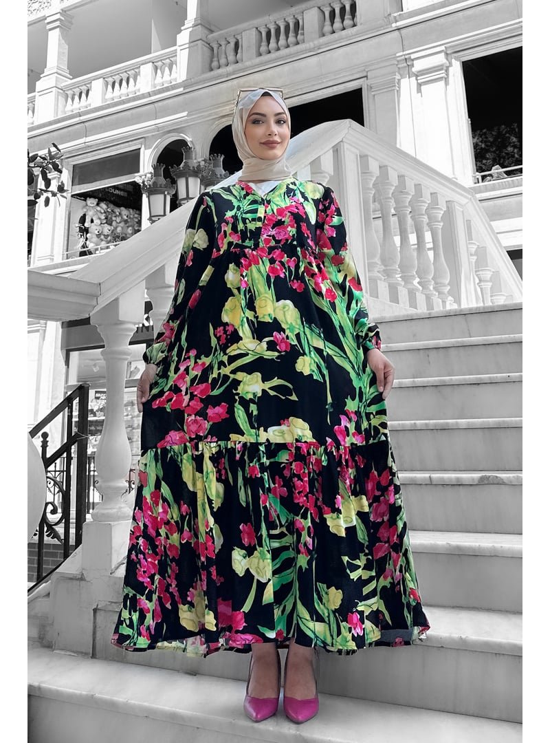 Liz Butik Siyah Beymen Desenli Viskon Elbise
