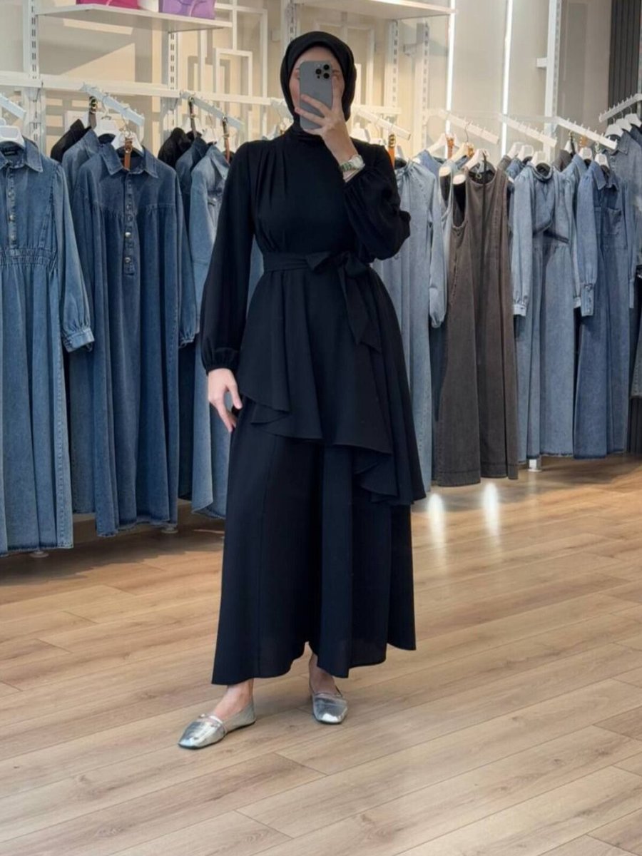 OlaLady Siyah Asimetrik Kloş Tunikli Pantolon Bluz İkili Takım