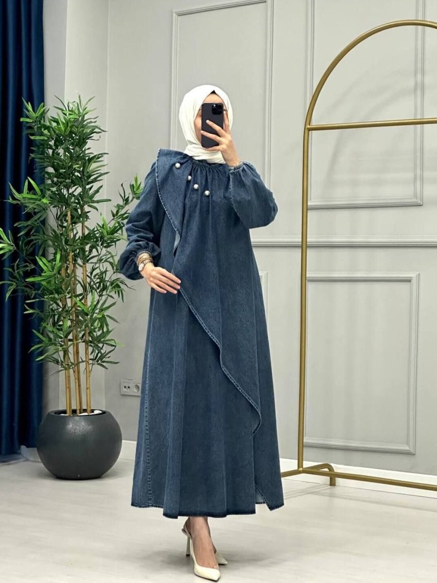 OlaLady Lacivert İnci Detaylı Salaş Kot Elbise