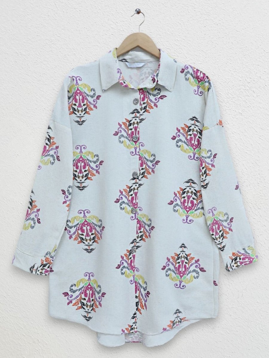 HİJABAYA Pembe Boydan Düğmeli Desenli Oversize Keten Tunik