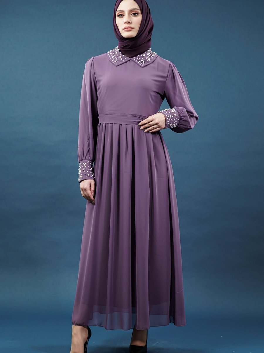 Mec Fashion Lila İnci Detaylı Abiye Elbise