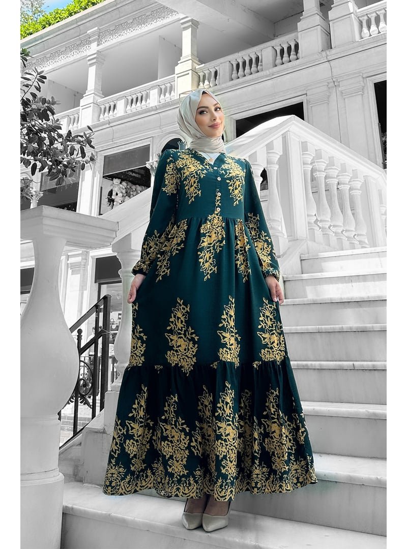 Liz Butik Yeşil Sultan Desenli Viskon Elbise