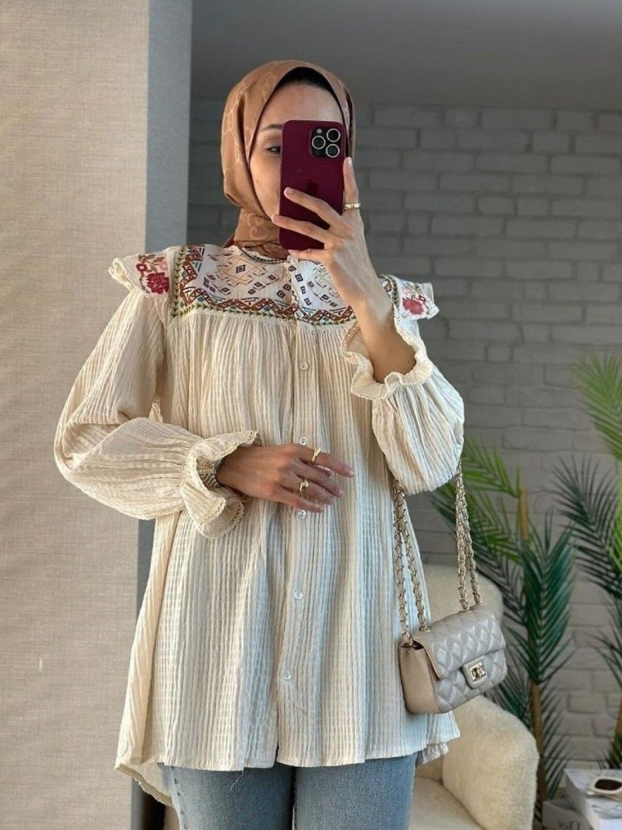HİJABAYA Bej Etnik Desenli Kolu Lastikli Bürümcük Tunik